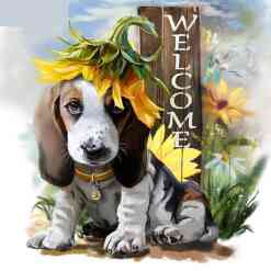 Welcome home hundehvalp med solsikke- Diamond Paint