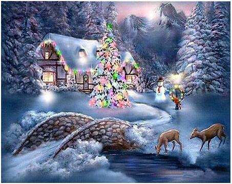 Hus med juletræ og rådyr - Diamond Paint