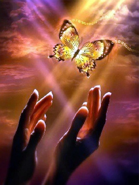 Hænder og sommerfugl mod himlen i diamond paint
