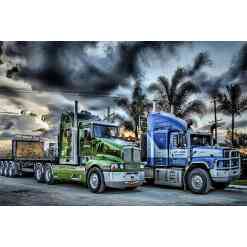 Grønne og blå lastbiler i diamond paint