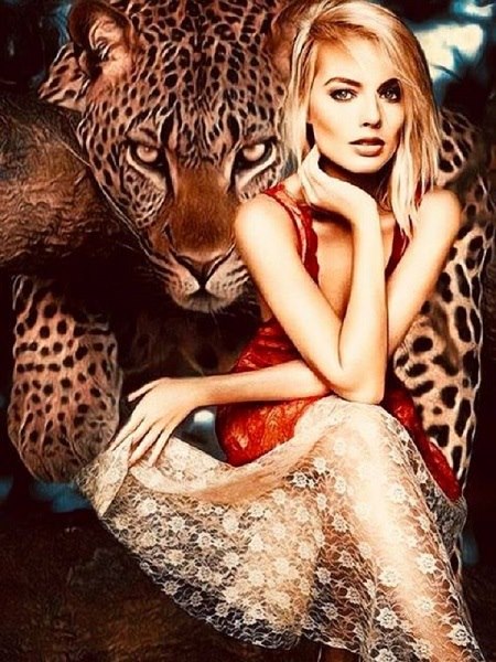 Leopard med kvinde i diamond paint