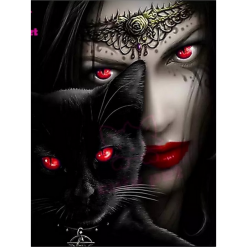 Dame med sort kat i diamond paint