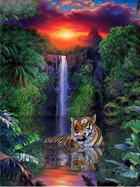 Tiger og vandfald i diamond paint